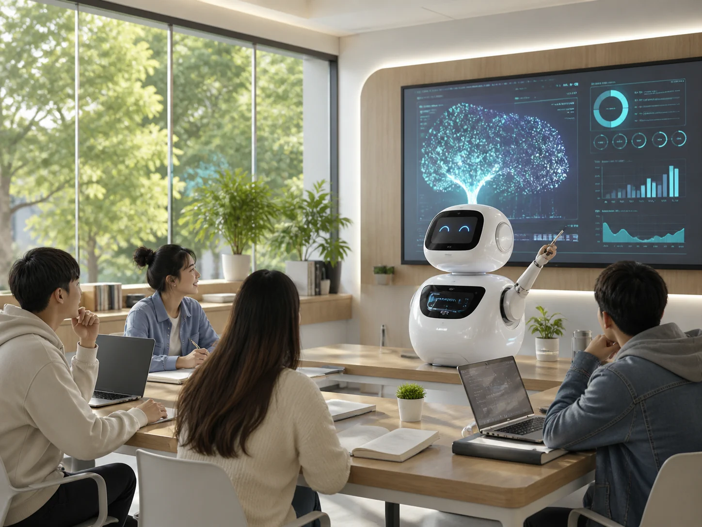 AI 机器人教师正在为大学课堂中的学生讲解人工智能课程
